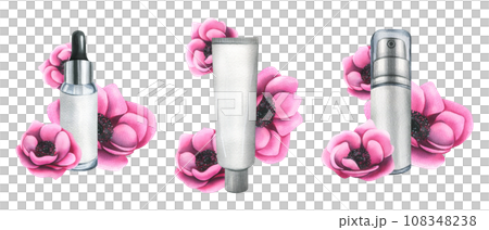 Personal care cosmetics in jar, tube, dispenser with anemone flowers. Hand drawn watercolor illustration. Set of isolated elements on a white background for the beauty industry, advertising and design 108348238
