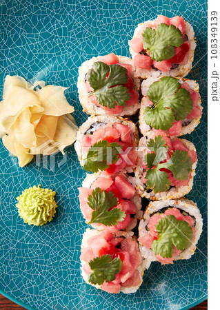 Japanese sushi rolls with tuna. 108349139