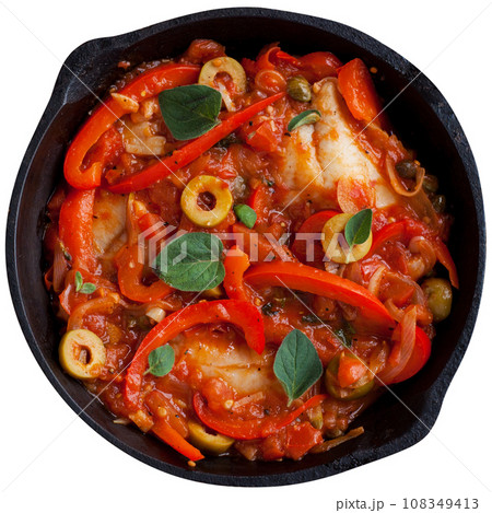 Pan with baked tilapia fish with vegetables. 108349413