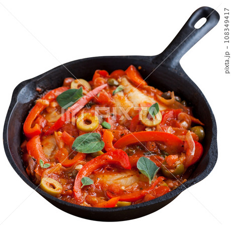 Pan with baked tilapia fish with vegetables. 108349417