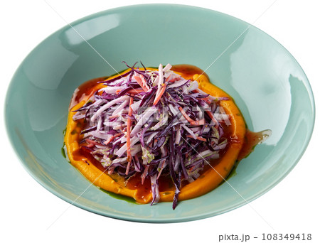 Coleslaw salad with purple and white cabbage isolated on white background. Coleslaw salad with purple and white cabbage isolated on white background. 108349418