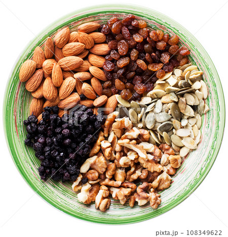 Mix of dried nuts with fruits Mix of dried nuts with fruits 108349622