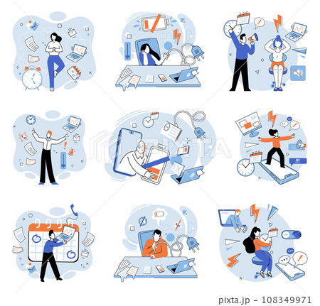 Stress at work vector illustration. Chronic stress can contribute to feelings frustration, exhaustion, and even depression The fear failure and constant pressure can contribute to increased stress 108349971