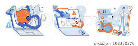 Malware spyware virus. Vector illustration. Errors in software clead to system vulnerabilities and infections Malicious software poses significant threat to online security Infected systems cspread Malware spyware virus. Vector illustration. Errors in software clead to system vulnerabilities and infections Malicious software poses significant threat to online security Infected systems cspread 108350276