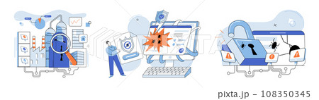 Industrial cyber security. Vector illustration. Viruses and malware pose significant risks to integrity industrial systems Privacy regulations aim to protect sensitive business information Factories Industrial cyber security. Vector illustration. Viruses and malware pose significant risks to integrity industrial systems Privacy regulations aim to protect sensitive business information Factories 108350345