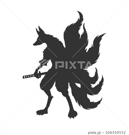 Isolated silhouette fox warrior. Black kitsune template. Mystic kumiho drawing. Fantasy hero with sword. Japanese anime character Isolated silhouette fox warrior. Black kitsune template. Mystic kumiho drawing. Fantasy hero with sword. Japanese anime character 108350552