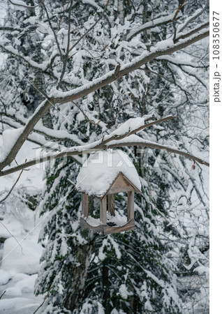 Snow covered wooden bird feeder Snow covered wooden bird feeder 108350677