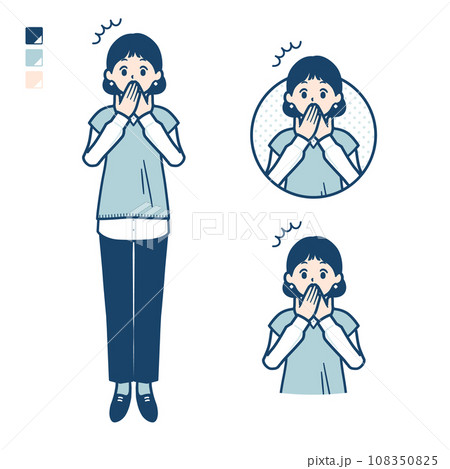 ニットベスト女性が口をおさえて驚いているイラスト 108350825