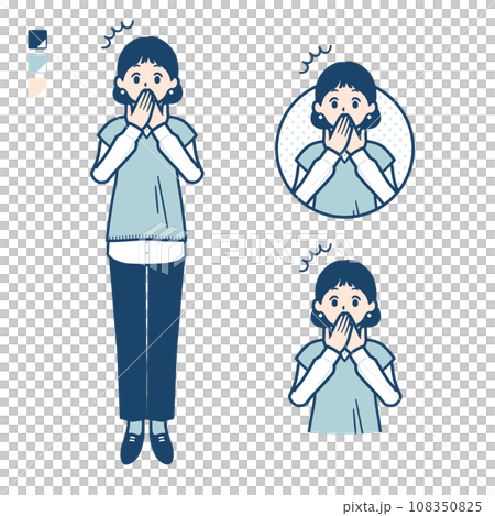 ニットベスト女性が口をおさえて驚いているイラスト 108350825