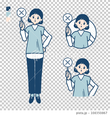 ニットベスト女性がバツ印パネルを出すイラスト 108350867