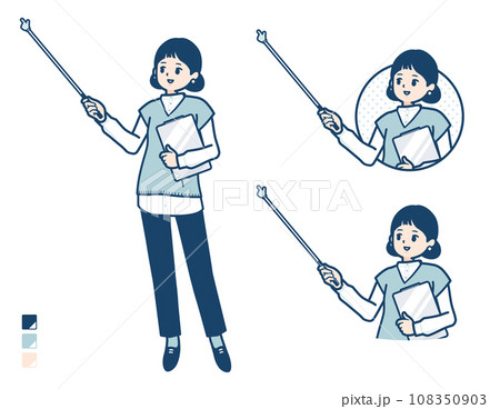 ニットベスト女性が指示棒で解説しているイラスト ニットベスト女性が指示棒で解説しているイラスト 108350903