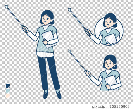 ニットベスト女性が指示棒で解説しているイラスト ニットベスト女性が指示棒で解説しているイラスト 108350903