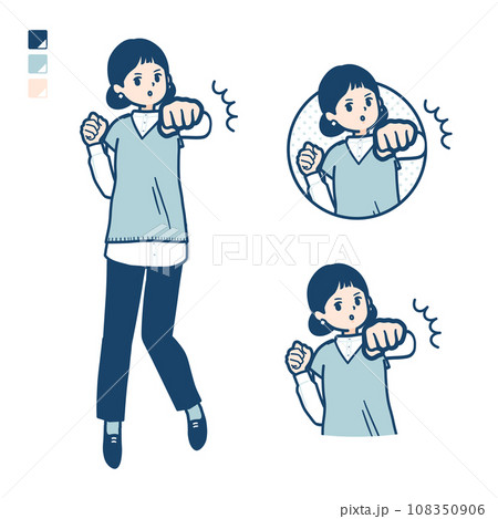 ニットベスト女性が正面にパンチしているイラスト 108350906
