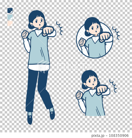 ニットベスト女性が正面にパンチしているイラスト 108350906