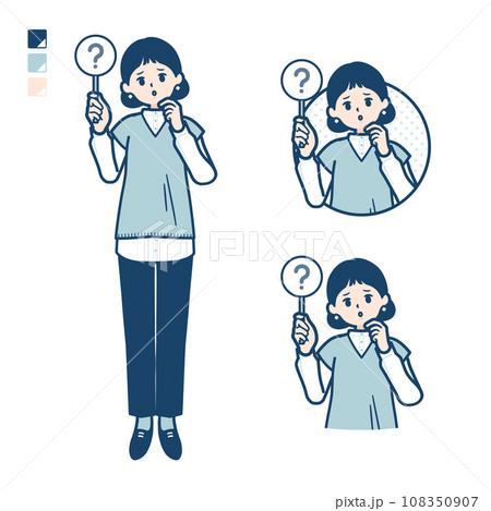ニットベスト女性がクエスチョン印パネルを出すイラスト 108350907