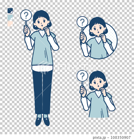 ニットベスト女性がクエスチョン印パネルを出すイラスト 108350907