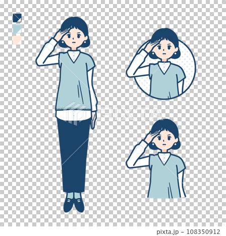 Illustration of a woman wearing a knitted vest saluting 108350912