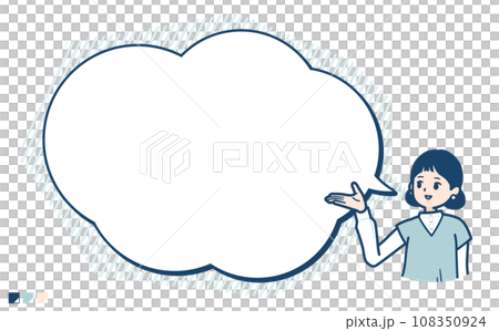 ニットベスト女性が吹き出しで解説しているイラスト ニットベスト女性が吹き出しで解説しているイラスト 108350924