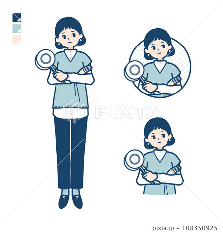 ニットベスト女性が回答を考えるイラスト ニットベスト女性が回答を考えるイラスト 108350925