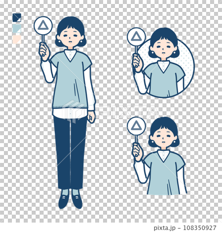 ニットベスト女性が三角印パネルを出すイラスト 108350927