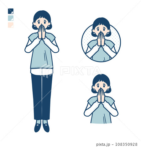 ニットベスト女性が驚き不安な様子になっているイラスト 108350928