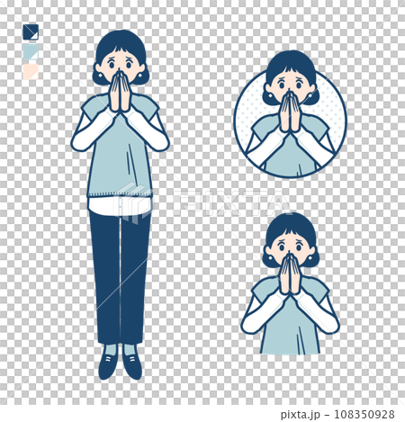 ニットベスト女性が驚き不安な様子になっているイラスト 108350928