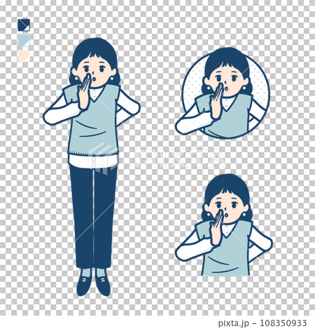Illustration of a woman wearing a knitted vest whispering quietly Illustration of a woman wearing a knitted vest whispering quietly 108350933