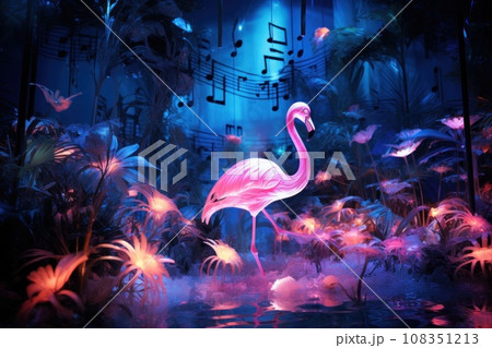 Tropical flowers, plants, music and flamingos. illustration of exotic pattern,  108351213