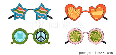 Groovy sunglasses. Collection of hippie sunglasses in trendy groovy style. Groovy sunglasses. Collection of hippie sunglasses in trendy groovy style. 108351840