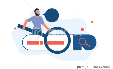 Flat vector illustration showcases a businessman using a magnifying glass to search for the best candidate to join his team in a modern web design. Man looking data information 108352008