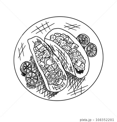 Hand drawn vector illustration of taco on a plate. 108352201
