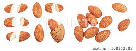 Almonds nuts isolated on white background with  full depth of field. Top view. Flat lay. Set or collection 108352285