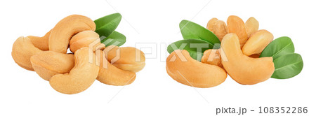Roasted Cashew nuts with leaf isolated on white background with  full depth of field. 108352286