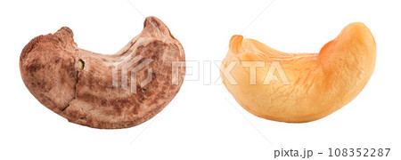 cashew nuts heap with shell isolated on white background 108352287