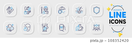 Cobalt mineral, Shield and Medical staff line icons for web app. Pack of Mint tea, Health app, Serum oil pictogram icons. Mint bag, Healthy face, Umbrella signs. Nurse, Covid test. Co pill. Vector 108352420