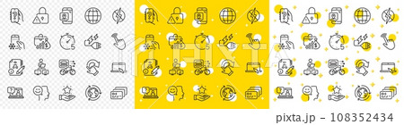 Outline Salary, Work home and Refrigerator app line icons pack for web with Rotation gesture, Good mood, Card line icon. Pin marker, Loyalty program, Lock pictogram icon. Food delivery. Vector 108352434