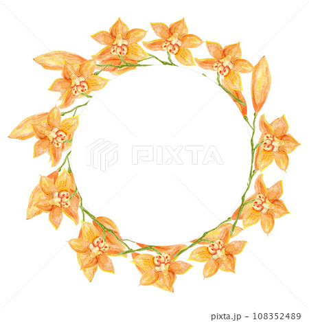 Watercolor wreath with orange orchid flowers. Botanical hand drawn illustration with buds and twigs of tropical Cymbidium flowers in a circle Watercolor wreath with orange orchid flowers. Botanical hand drawn illustration with buds and twigs of tropical Cymbidium flowers in a circle 108352489