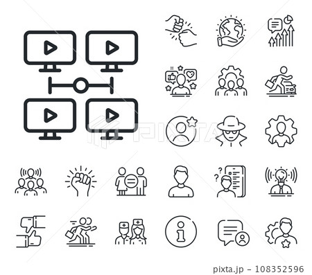 Online training sign. Specialist, doctor and job competition outline icons. Virtual conference line icon. Video team presentation symbol. Video conference line sign. Vector 108352596
