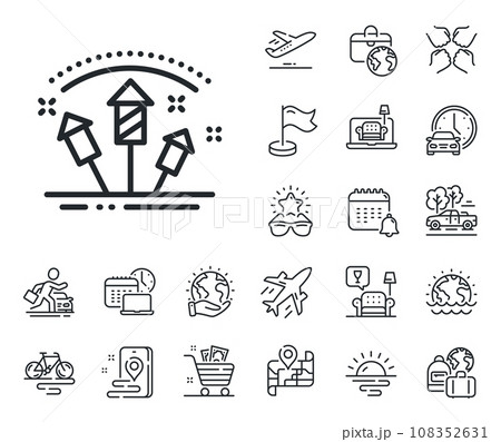 Pyrotechnic salute sign. Plane jet, travel map and baggage claim outline icons. Fireworks rocket line icon. Carnival celebration lights symbol. Fireworks rocket line sign. Vector 108352631