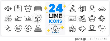 Icons set of Reminder, Presentation board and Parking garage line icons pack for app with Cloud computing, Text message, Auction hammer thin outline icon. Survey results. Design with 3d stars. Vector 108352636