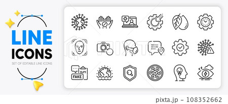 Cable section, Time management and Recovery photo line icons set for app include Face detection, Mineral oil, Medical help outline thin icon. Medical tablet, Covid virus, Stress pictogram icon. Vector Cable section, Time management and Recovery photo line icons set for app include Face detection, Mineral oil, Medical help outline thin icon. Medical tablet, Covid virus, Stress pictogram icon. Vector 108352662