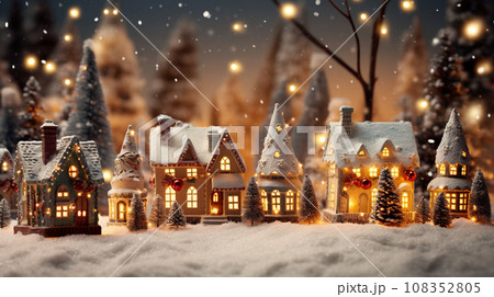 A beautiful christmas village houses in snow A beautiful christmas village houses in snow 108352805