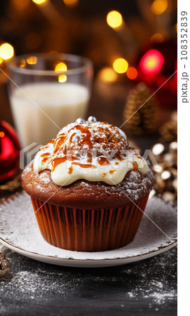 Tasty Christmas cupcake with snowflakes and festive decor on wooden table. 108352839