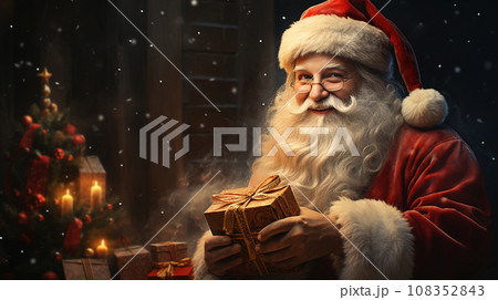 Santa Claus reads letters and prepares gifts, magical Christmas night 108352843