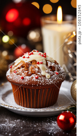 Tasty Christmas cupcake with snowflakes and festive decor on wooden table. 108352845