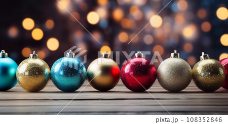 Christmas tree balls with sparkles on a blue and gold background with bokeh 108352846