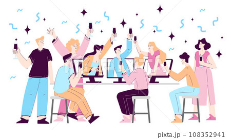 Happy Man and Woman Character at Corporate Party with Drink Rejoicing and Cheering Vector Set Happy Man and Woman Character at Corporate Party with Drink Rejoicing and Cheering Vector Set 108352941