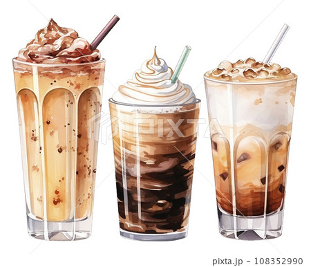 watercolor drawing, set with coffee drinks in glasses. sweet cold coffee drinks with milk and whipped cream. watercolor drawing, set with coffee drinks in glasses. sweet cold coffee drinks with milk and whipped cream. 108352990