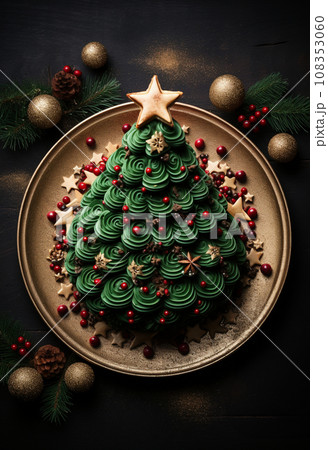 Christmas tree-shaped cake with green and white cream 108353060