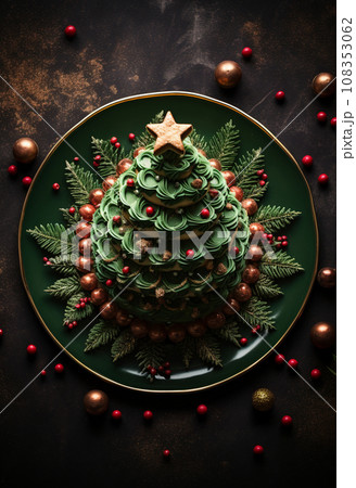 Christmas tree-shaped cake with green and white cream 108353062